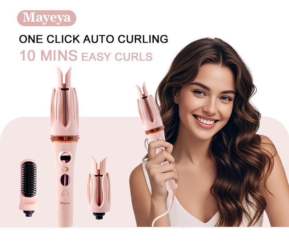 Mayeya Automatic Curling & Straightening Iron - Pink Multifunctional Styler with Dual Swivel & Anti-Iron Feature - Heat Free Styler for Natural Waves - Travel Friendly Lazy Curling Tool